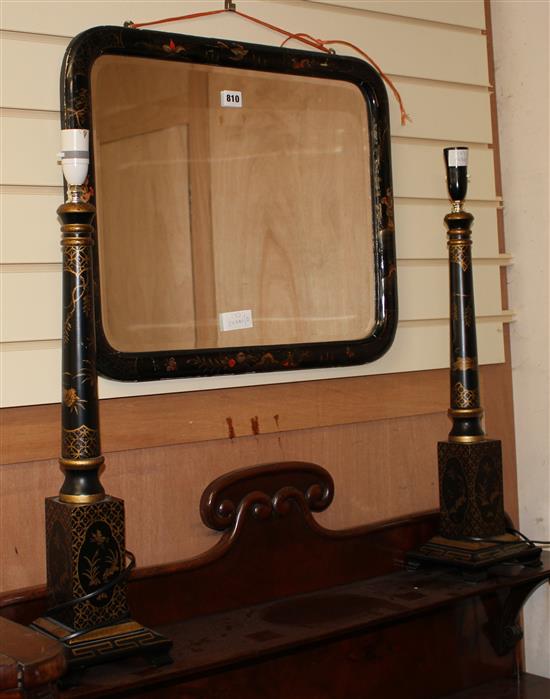 A Chinoiserie lacquer rectangular wall mirror and a pair of table lamps Mirror W.58cm